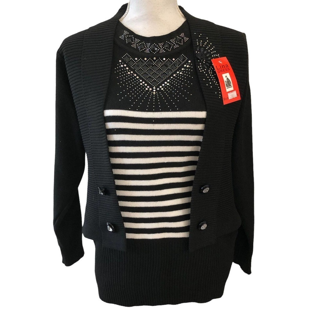 NWT LINA BRAND Beaded Bling Striped Black White Tunic Top Woman’s SIZE M